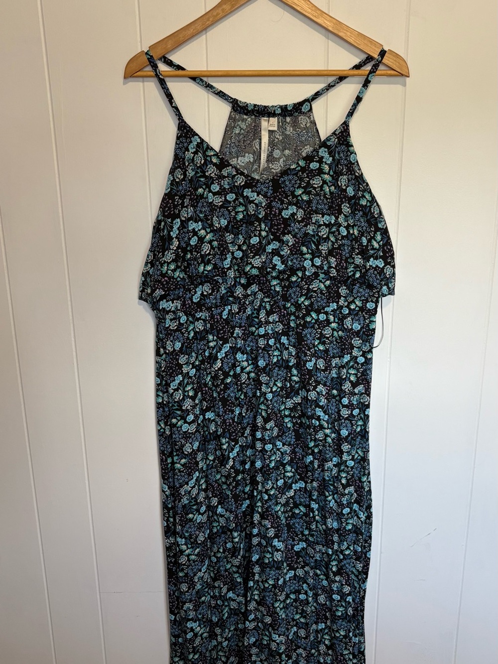 Boho Floral Maxi Dress L with Empire Waist Cami Strap Summer Vacation Whimsigoth
